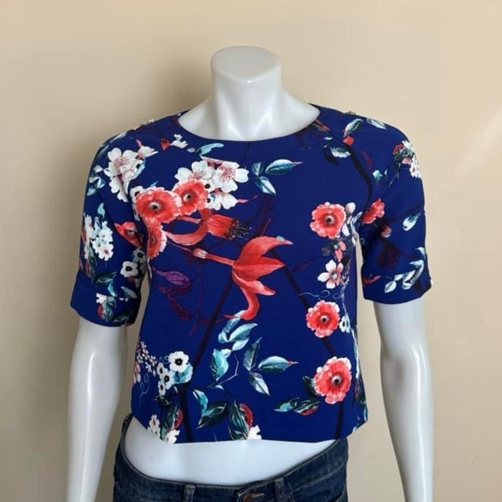Gracia Blue Floral Crop Top – Bird Print, Structured | Size M